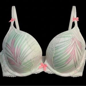 Victoria's Secret 32D Bra‎ Green white orange bows Palm Tree  Padded Lace Summer